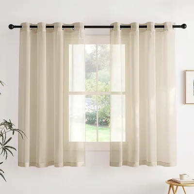 Obrázek produktu pro Transparentní závěsy do ložnice, s oky, rozměry 160 x 140 cm, barva khaki, balení 2 kusů, vzhled lnu