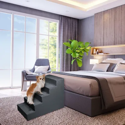 Produktbild von Mg Design Hundetreppe 5 Stufen in Dunkelgrau - Stabiler Holzrahmen, gelenkschonend, leicht & mobil, für Sofa & Bett, für Hunde & Katzen