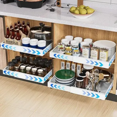 Productafbeelding van Ibenzoa® Uittrekbare, verstelbare keukenorganizer – set van 4 voor onderkastjes (diepte 42 cm, breedte 32–53 cm), zelfklevend, met 3 dempingsschienen