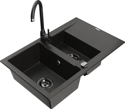 Produktbild von Mexen Gaspar 1,5-Becken-Granitspüle mit Abtropffläche und Mischbatterie Telma, Schwarz/Gold - 6507-75-670200-70-B