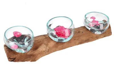 Produktbild von Wurzelholz Deko mit 3 Glasschalen - Ø Schale bis 11 cm, Braun, Holz,Glas,Wurzelholz, Vasen & Blumentöpfe