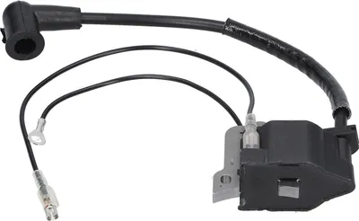A single ignition coil with wires and a spark plug cap, isolated on a white background.