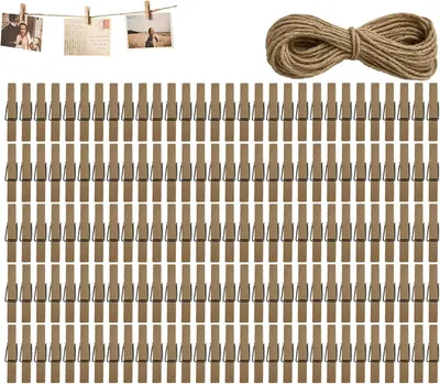 Immagine prodotto di Mini graffette in legno naturale, 4,5 x 0,8 cm, confezione da 150 pezzi, con nastro di iuta, ideali per decorazioni fai-da-te