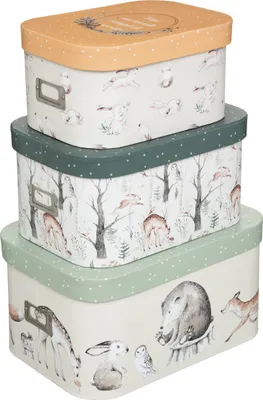 Three stacked storage boxes with a woodland animal theme.