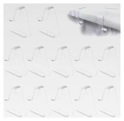 Produktbild von 12 Stück Tischdeckenklammern aus transparentem Kunststoff für Innen- und Außenbereich, geeignet für Tischplatten von 3,5 bis 5 cm Dicke