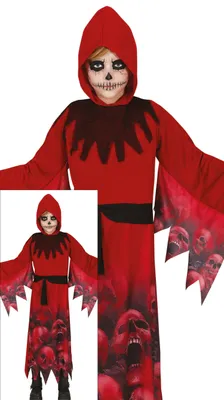 Productafbeelding van Halloween-kostuum: demon, met capuchon, schedelmotief, rood en zwart, griezelig, kinderkostuum, geschikt voor feestjes en maskers, met schedelprint, maat: 140/146, kleur: rood
