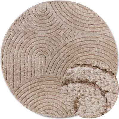 A round rug with a geometric pattern and a close-up of its texture.