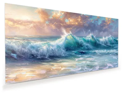 Produktbild von Glasbild 120x60cm in XXL für Wohnzimmer, Schlafzimmer Motiv Ozeanwellen Sonnenaufgang