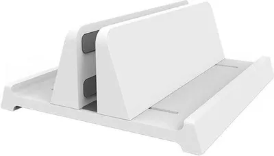 Image de Support pour ordinateur portable blanc et réglable, de conception compacte.