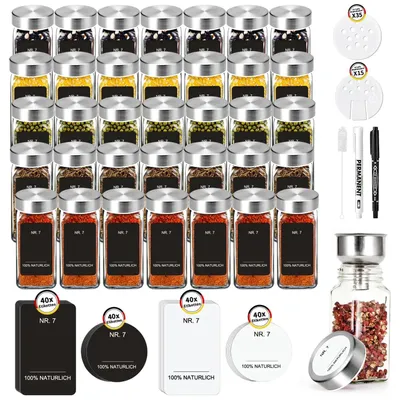 Produktbild von Gewürzgläser - Set 35 Stück - 120 ml - Edelstahldeckel & Glas - Rechteckig - Trichter & Etiketten - Spülmaschinengeeignet - Silber