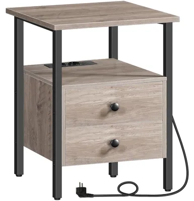 Beistelltisch mit Steckdosen & USB, 2 Schubladen, 40x40x61 cm