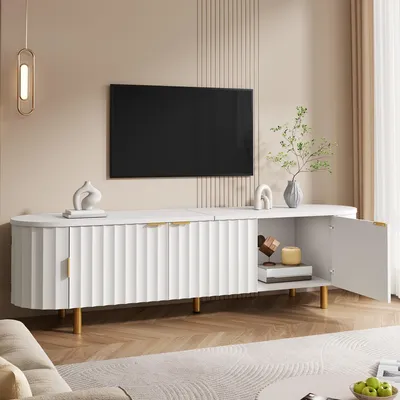Productafbeelding van STILVORA TV-meubel van MDF met 5 deuren, TV-kast met geribbelde voorkant, TV-meubel met afgeronde zijkanten en ijzeren poten, ijzeren handgrepen