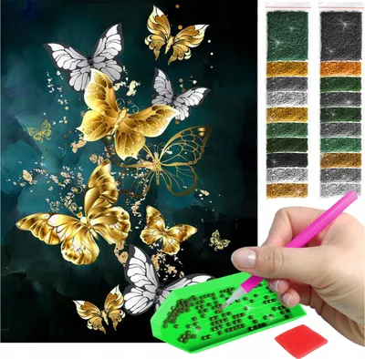 Produktbild von ARTULIO - Diamond Painting Set - Goldene und weiße Schmetterlinge auf dunklem Hintergrund - 40 x 30 cm - Eckige quadratische Steine, Square Diamond - Komplettset Mosaik + Zubehör