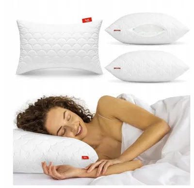A collage showing a pillow from different angles and a woman sleeping on it.