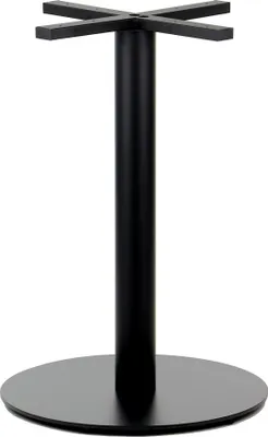 A black metal table base with a circular base and a central column supporting a cross-shaped top.