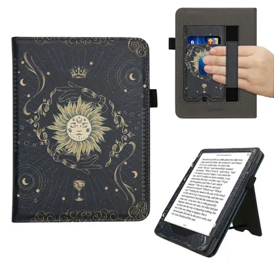 Produktbild von kwmobile Flip Cover kompatibel mit Amazon Kindle Paperwhite (2024)/Colorsoft - Hülle mit Handschlaufe Tarot Karten Dunkelblau Gelb Schwarz