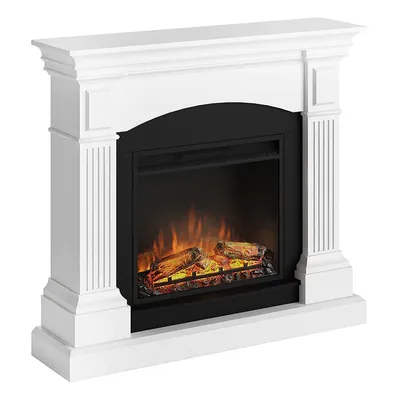 A white electric fireplace with a black insert and a realistic flame effect.