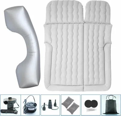 A collage of an inflatable air mattress and its accessories, including pumps and storage bags.
