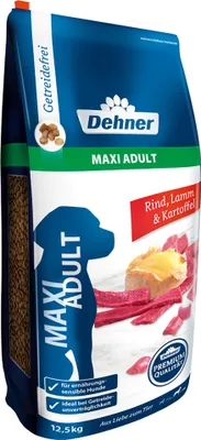 Produktbild von Dehner Premium Hundefutter Maxi Adult, Trockenfutter getreidefrei, für ausgewachsene Hunde großer Rassen, Rind / Lamm / Kartoffel, 12.5 kg