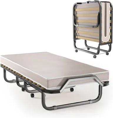 Produktbild von Klappbett 90x200 cm Erwachsene, Gästebett klappbar, Reisebett mit Matratze, klappbares Bett mit 4 Rollen, Einzelbett mit Lattenrost, Faltbett Metallbett Metallrahmen bis 120 kg belastbar