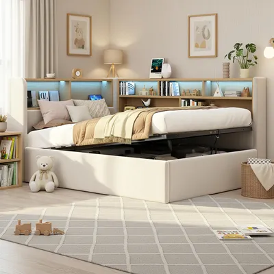 Produktbild von MODFU Schlafsofa Jugendbett 90x200 cm mit LED Beleuchtung,Einzelbett mit USB-Anschluss und Rückenlehne,Hydraulikbett mit Stauraum,Mit Matratze,Beige