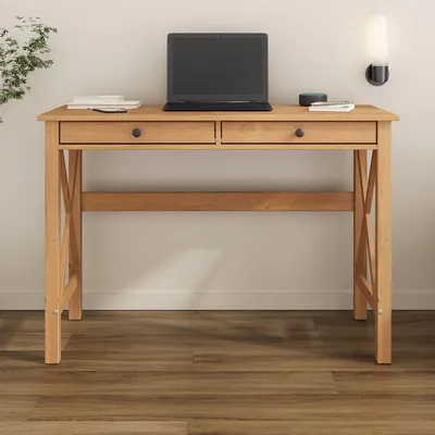 Produktbild von Schreibtisch ADRIAN aus Massivholz, eichefarben - Home Office Tisch mit 2 Schubladen und Metallgriffe, Ideal als Bürotisch oder Computertisch für Arbeitszimmer, moderner Landhausstil