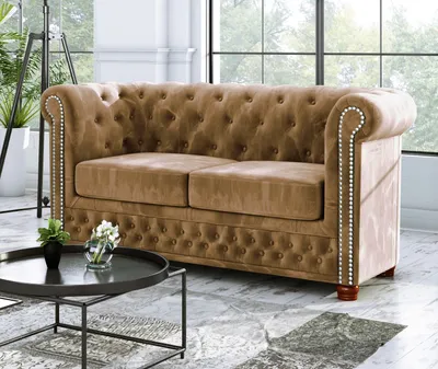 Produktbild von S-STYLE MÖBEL - Chesterfield Jutta Sofa 2-Sitzer aus Beige Samt-Stoff mit Holzfüßen, B/T/H: 148 cm/ 86 cm/ 72 cm