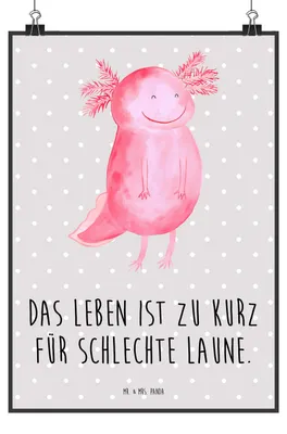 Produktbild von Mr. & Mrs. Panda Bild Axolotl Glücklich DIN A2 - Grau Pastell - Geschenk, Plakat, wanddeko, Wandbild, drucke, Lurch, gut Gelaunt, Lebensfroh, Motivationsspruch