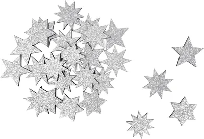 A pile of silver glittery star-shaped confetti scattered on a white background.