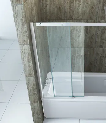 A close-up view of a sliding shower door installed on a bathtub.