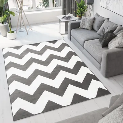 Produktbild von Teppich Wohnzimmer Schlafzimmer Kurzflor Modern Design Geometrisch Zig Zag Streifen Dunkelgrau Weiß Jugendzimmer  250 x 350 cm