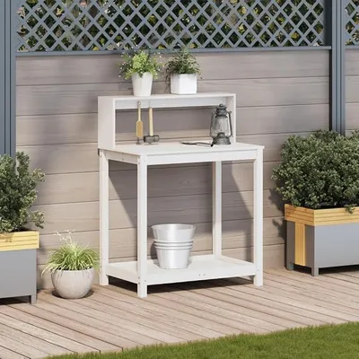 Produktbild von Pflanztisch mit Ablagen Weiß 82,5x50x109,5 cm Massivholz Kiefer, offene Regale viel Stauraum Latten-Design für Garten Terrasse Innenhof