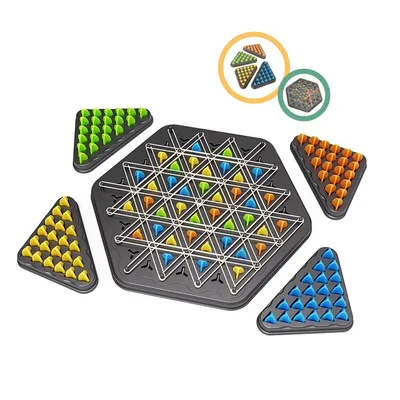 A strategic triangle board game with multiple colored pieces arranged around a central hexagonal board.