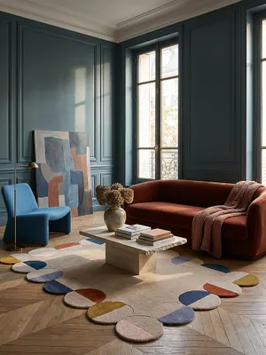 Produktbild von Wollteppich Kreis Wellenform, Wohnzimmer Beige-Multicolor Rechteckig 160x230 | 100% Wolle, Rücken aus 75% Baumwolle, 25% Polyester | Florhöhe: 12 cm | Handgetuftet