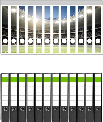 Produktbild von Wallario 12 Stück schmale Ordner inkl. Klebeetiketten mit Motive Fußballstadion Mittellinie -  Set mit Rückenschildern / Ordnerrücken Stickern