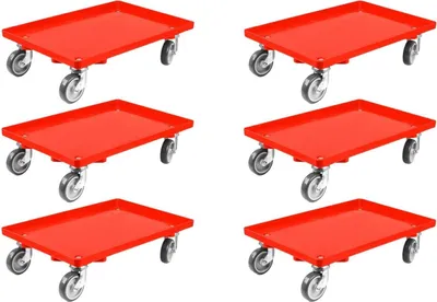 Produktbild von SparSet 6x Transportroller für Euroboxen 60x40cm mit Gummiräder rot | Geschlossenes Deck | 4 Lenkrollen | Traglast 300kg | Kistenroller Logistikroller Rollwagen Profi-Fahrgestell