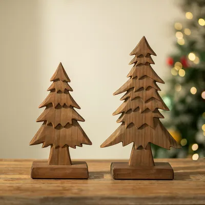2er-Set Holzweihnachtsbäume, rustikale Tischdeko, 26+32 cm