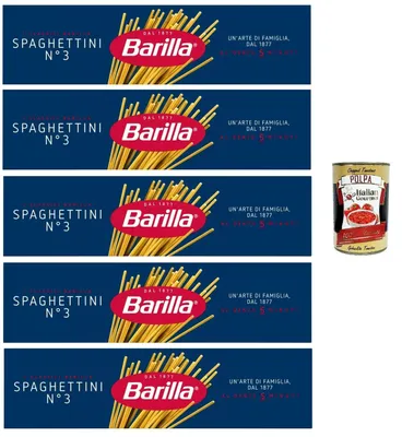 Produktbild von Barilla Spaghettini N.3 – 5×500 g feine Spaghetti aus Hartweizengrieß, ideal für leichte Saucen & Fisch, al dente in 5 Min., hergestellt in Italien + Italian Gourmet polpa