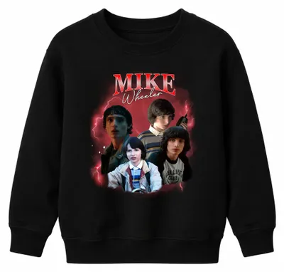 Imagen del producto de Sudadera uni para niños, estilo retro de los años 80 y 90, con diseño de Mike Wheeler de Stranger Things, temática de Hawkins, de estilo "bootleg", color negro, talla 128