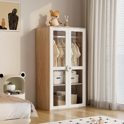 Produktbild von Kinderkleiderschrank, zweitüriger Glas-Tür-Schrank mit Kleiderstange & verschiebbaren Regalen, Keks-Form-Holzgriffen, weiß+natürliches Holz, Lackplatte + Spanplatte, 80×50×150 cm