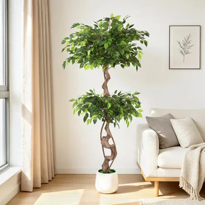 Productafbeelding van Eiku Kunstplant, kunstmatige ficusboom, 150 cm hoog, met een witte pot, groene bladeren