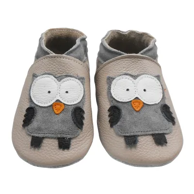 Produktbild von BEMESU® Baby Krabbelschuhe aus Echtleder, weiche Lauflernschuhe für Mädchen & Jungen, rutschfeste Ledersohle, Beige, Eulenmotiv, Größe S (0–6 Monate)