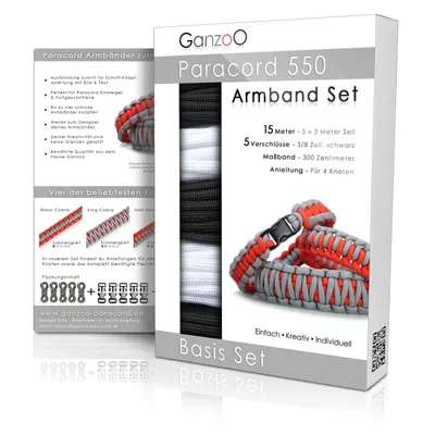 Produktbild von Paracord 550 Armband Set selbst knüpfen, Bastelset, Knüpfset, DIY Bracelet mit Klickverschlüssen und Anleitung, Lanyard Armband selber Machen aus Parachute Cord, Farbe: Black White