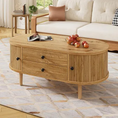 Produktbild von Couchtisch mit 2 Schubladen Ovaler Beistelltisch Wohnzimmertisch 100 L x 50 B x 40 H Oak