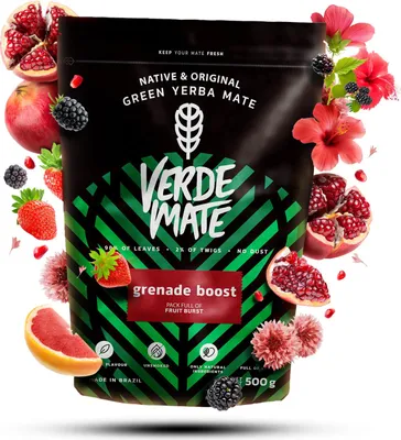 Produktbild von Verde Mate - Mate Tee Grenade Boost 500g - 5mm Dicke Blätter, Staubfrei - Mild - Granatapfel, Guarana - Luftgetrocknet - Yerba Mate Brasilien