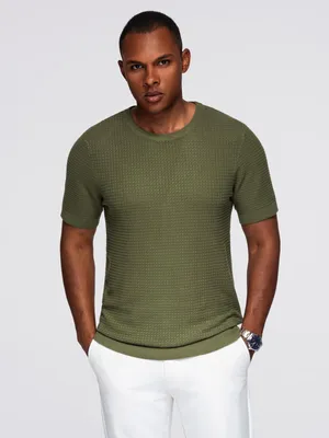 Productafbeelding van OMBRE T-shirt, slim fit, structuurweefsel, model V-1, artikelnummer OM-TSCT-0303, kleur: olijfgroen, maat: S