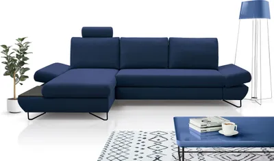 Zdjęcie produktu dla DomoHome LOFT Sofa narożna z wysuwanym pojemnikiem na pościel i regulowanymi zagłówkami i podłokietnikami, lewy układ 284 cm szerokości 96-166 cm głębokości 89-104 cm wysokości Kolor: granatowy