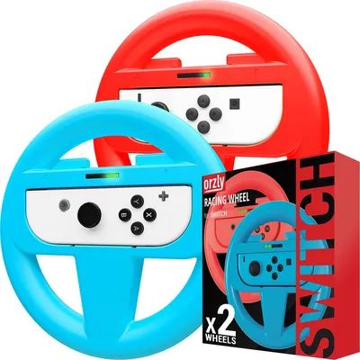Immagine prodotto di Set di 4 volanti Orzly per Mario Kart su Nintendo Switch. L'accessorio include 2 volanti (blu e rosso)