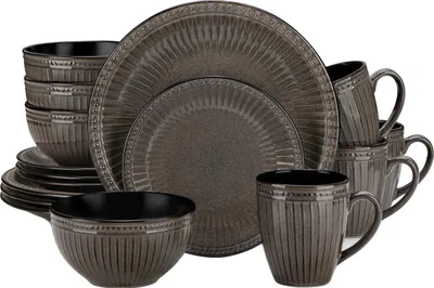 Obrázek produktu pro Sada keramických talířů, Elegantní design, Univerzální nádobí, Tmavě hnědá, 16 kusů