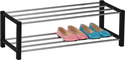 Produktbild von Schuhregal DUBLIN mit 2 Ablagen in schwarz. Robustes Metallregal mit edel verchromter Schuhablage. Flurmöbel Schuhaufbewahrung, Organizer für den Flur.